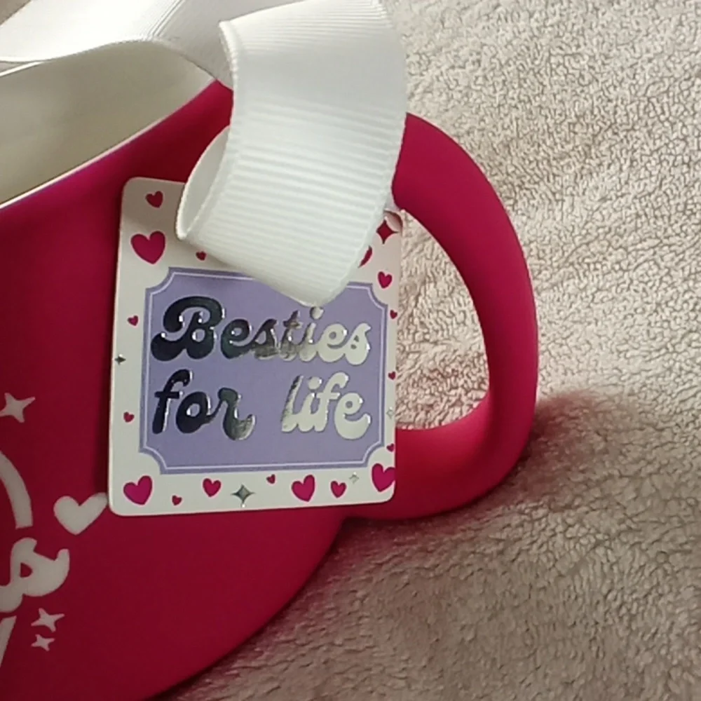 SOUL SISTERS W/ BESTIES FOR LIFE TAG! NEW! Pink Ceramic Mug with White Bow